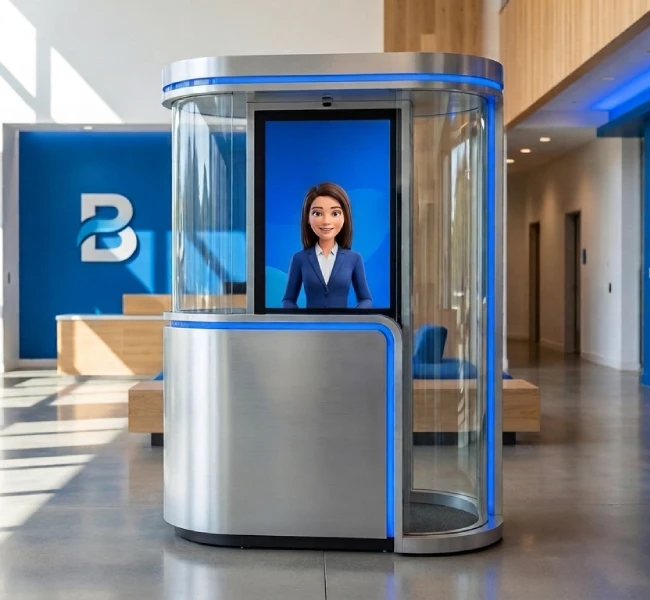 Interactive reception kiosk with a digital avatar receptionist on a screen inside a glass capsule in a lobby.